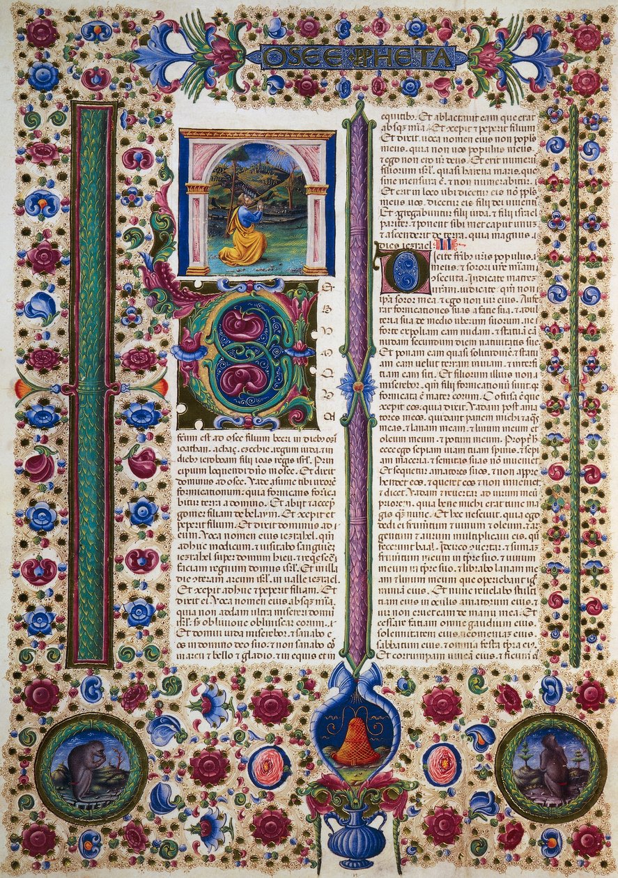 Incipit fra profeten Hoseas bok, fra bind II av Bibelen til Borso d'Este, opplyst av Taddeo Crivelli (1425-1479) og andre, latinsk manuskript 422-423, folio 87, verso, pergament av Taddeo Crivelli