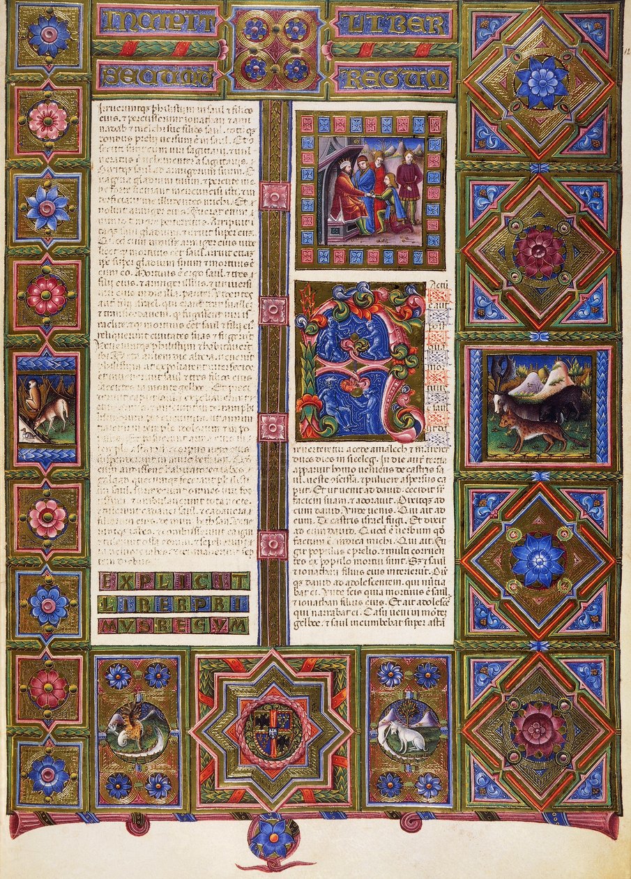 Incipit fra Samuels andre bok, fra bind I av Bibelen til Borso d'Este, opplyst av Taddeo Crivelli (1425-1479) og andre, latinsk manuskript 422-423, folio 127, recto, pergament av Taddeo Crivelli