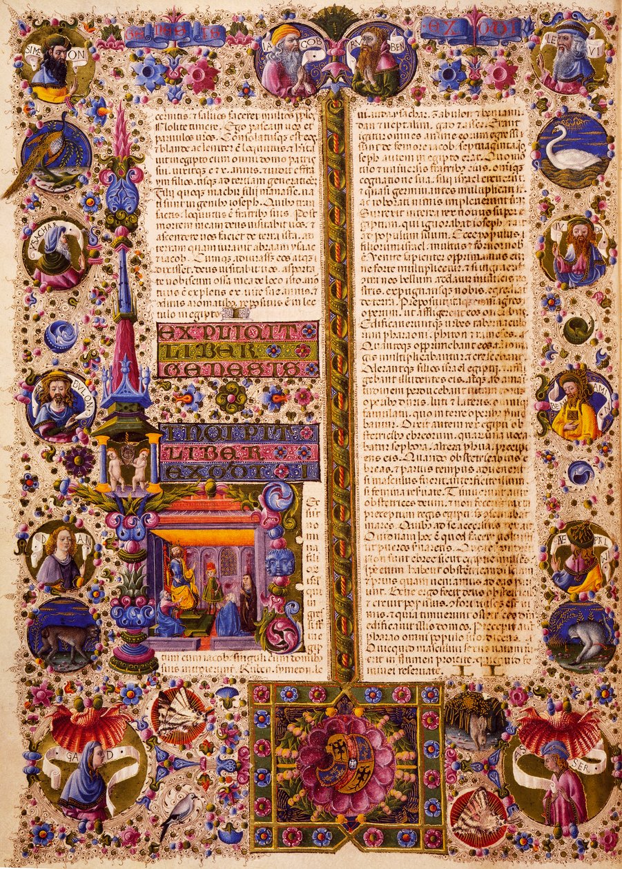 Exodus-boken, fra bind I av Bibelen til Borso d'Este, opplyst av Taddeo Crivelli (1425-1479) og andre, latinsk manuskript 422-423, folio 26, verso, pergament av Taddeo Crivelli