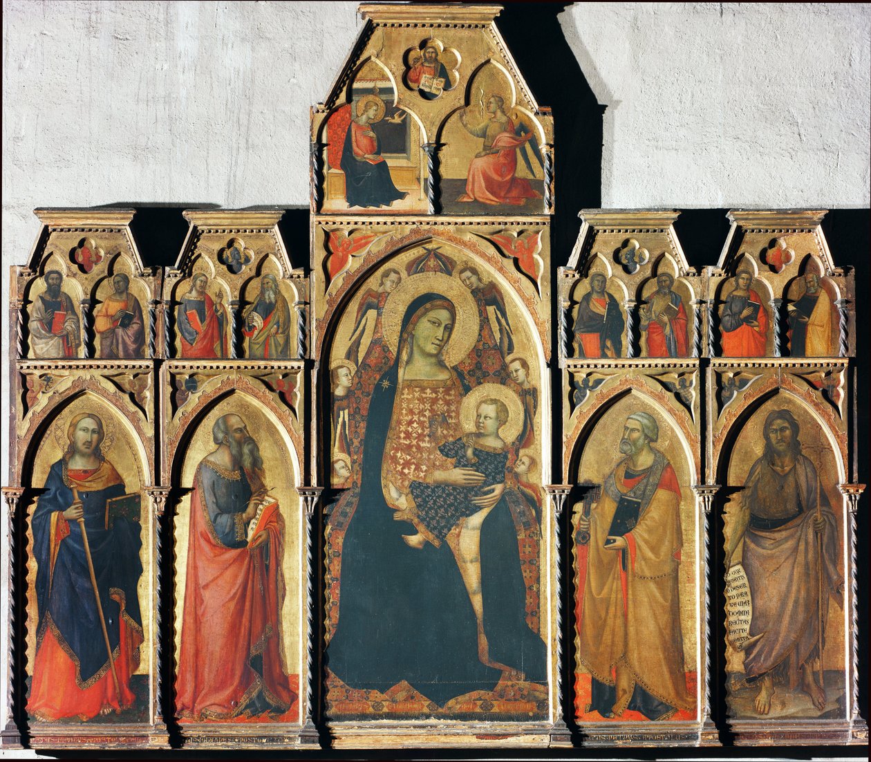 Jomfru med barn med den hellige Jakob major, den hellige Johannes evangelisten, den hellige Peter og døperen Johannes - tempera på panel, 1350-1353 av Taddeo Gaddi