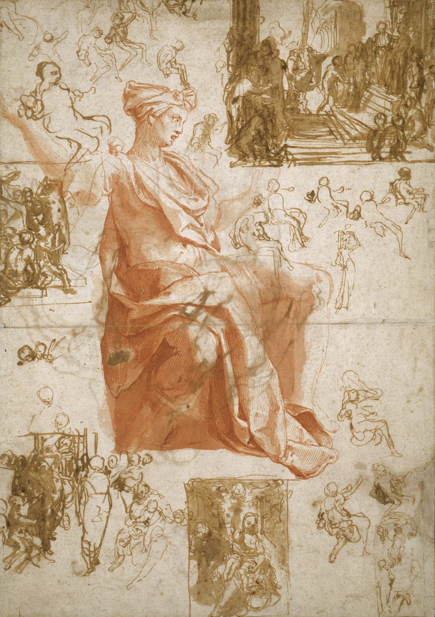 Ark med studier for blinding av Elymas, offer i Lystra og en hellig familie, ca. 1558 av Taddeo Zuccaro