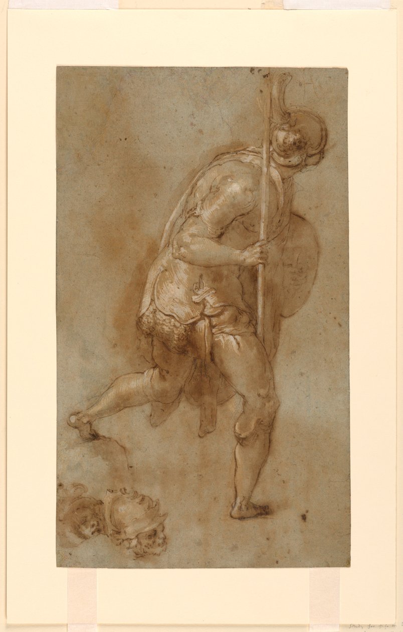 Soldier Running: Studie for figur i venstre forgrunn, "Betrayal of Christ," Roma, S. Maria della Consolazione, Matttei Chapel; Separate studier av to hoder av Taddeo Zuccaro
