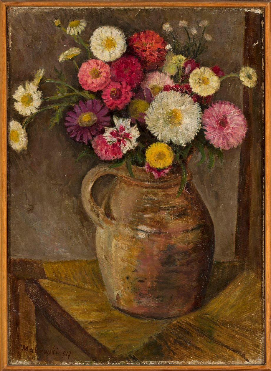 Asters og zinniaer i en leirkrukke av Tadeusz Makowski
