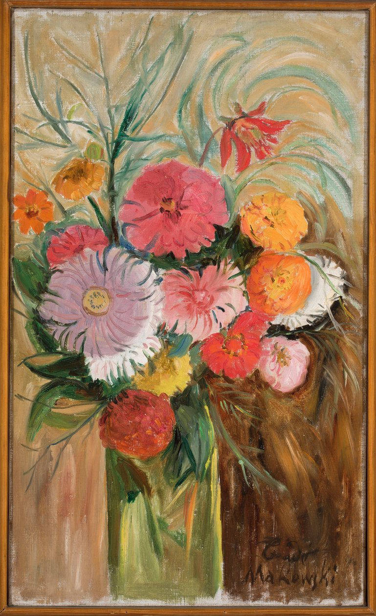 Zinniaer og asters i et glass av Tadeusz Makowski