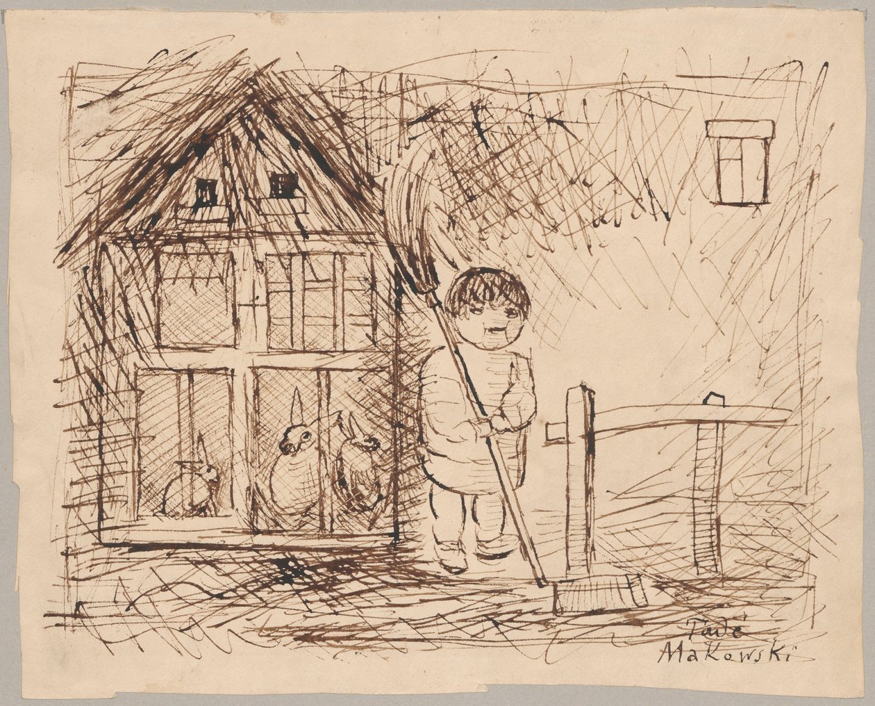 Barn under et bur med kaniner av Tadeusz Makowski