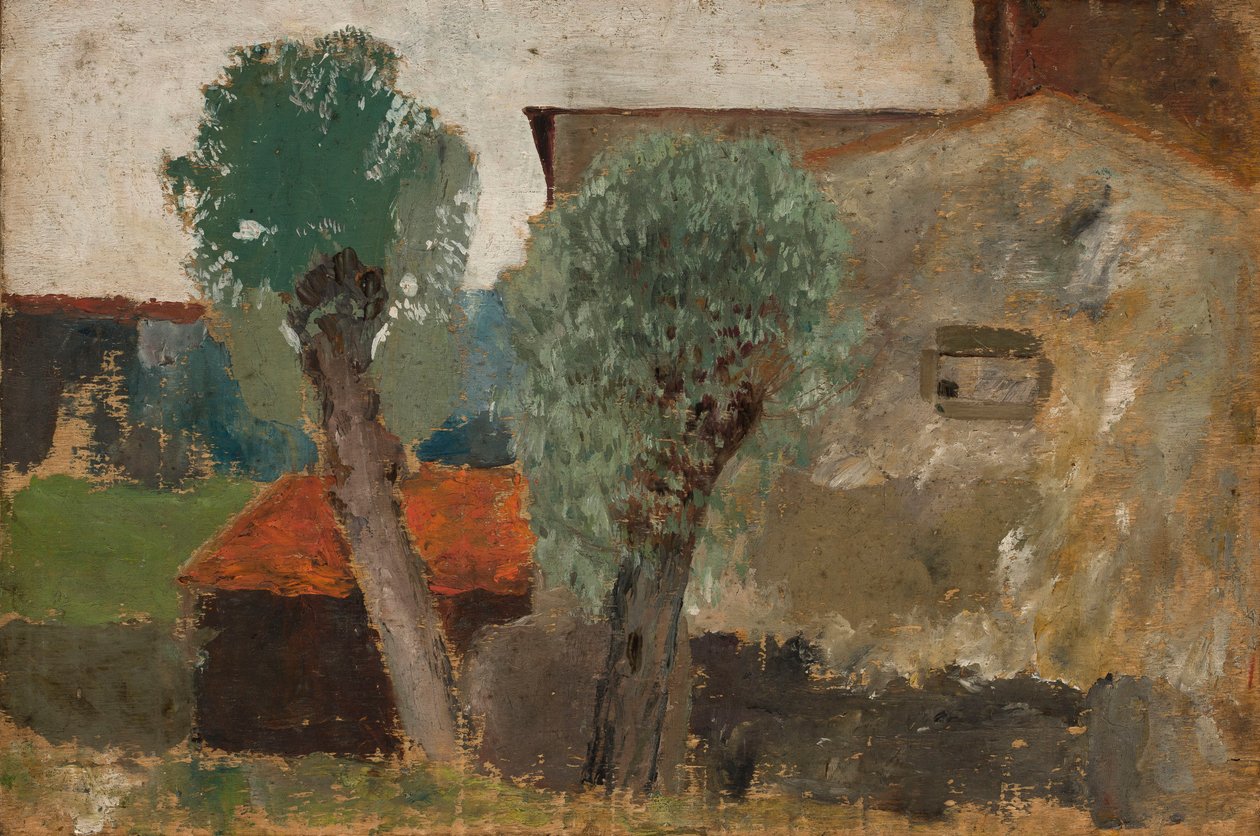 Fragment av et hus med to trær av Tadeusz Makowski