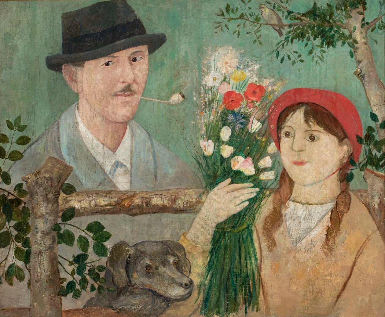 Idyll ved gjerdet (Selvportrett, jente med blomster og hund) av Tadeusz Makowski