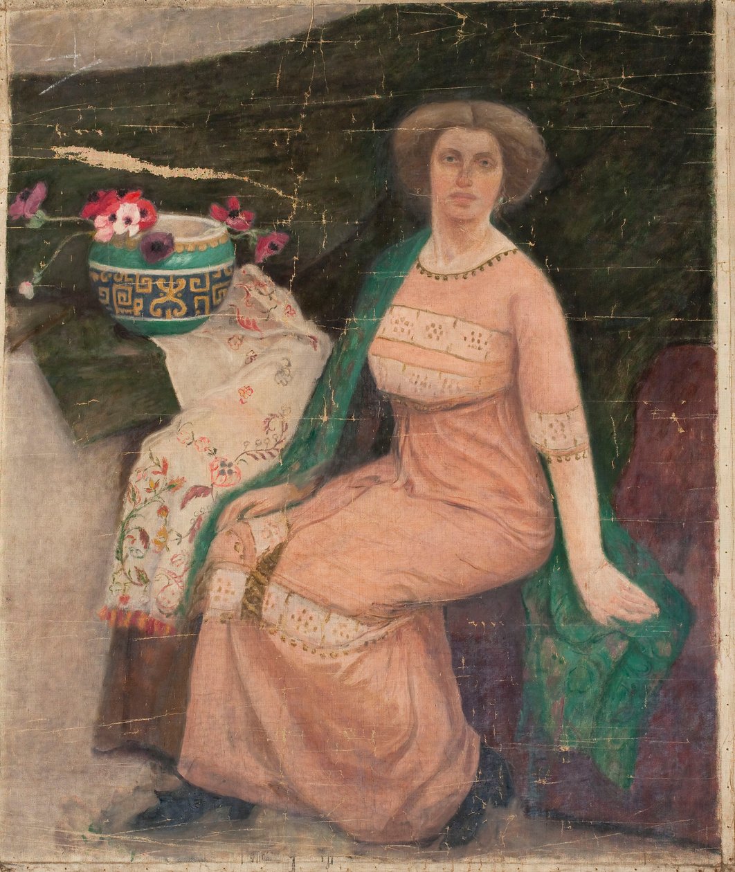 Portrett av en dame i rosa kjole (Wanda Popławska) av Tadeusz Makowski