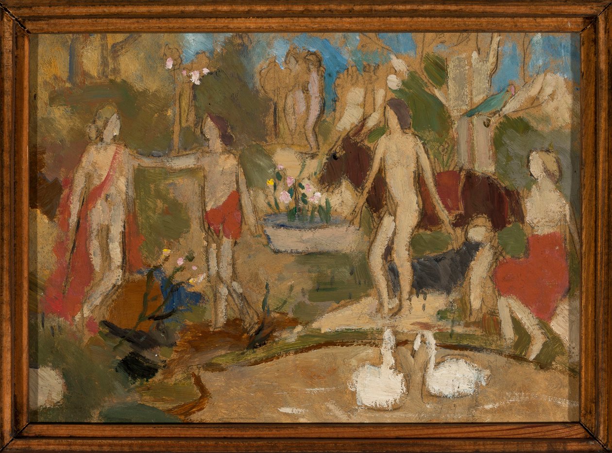 Hagescene med figurer og svaner av Tadeusz Makowski