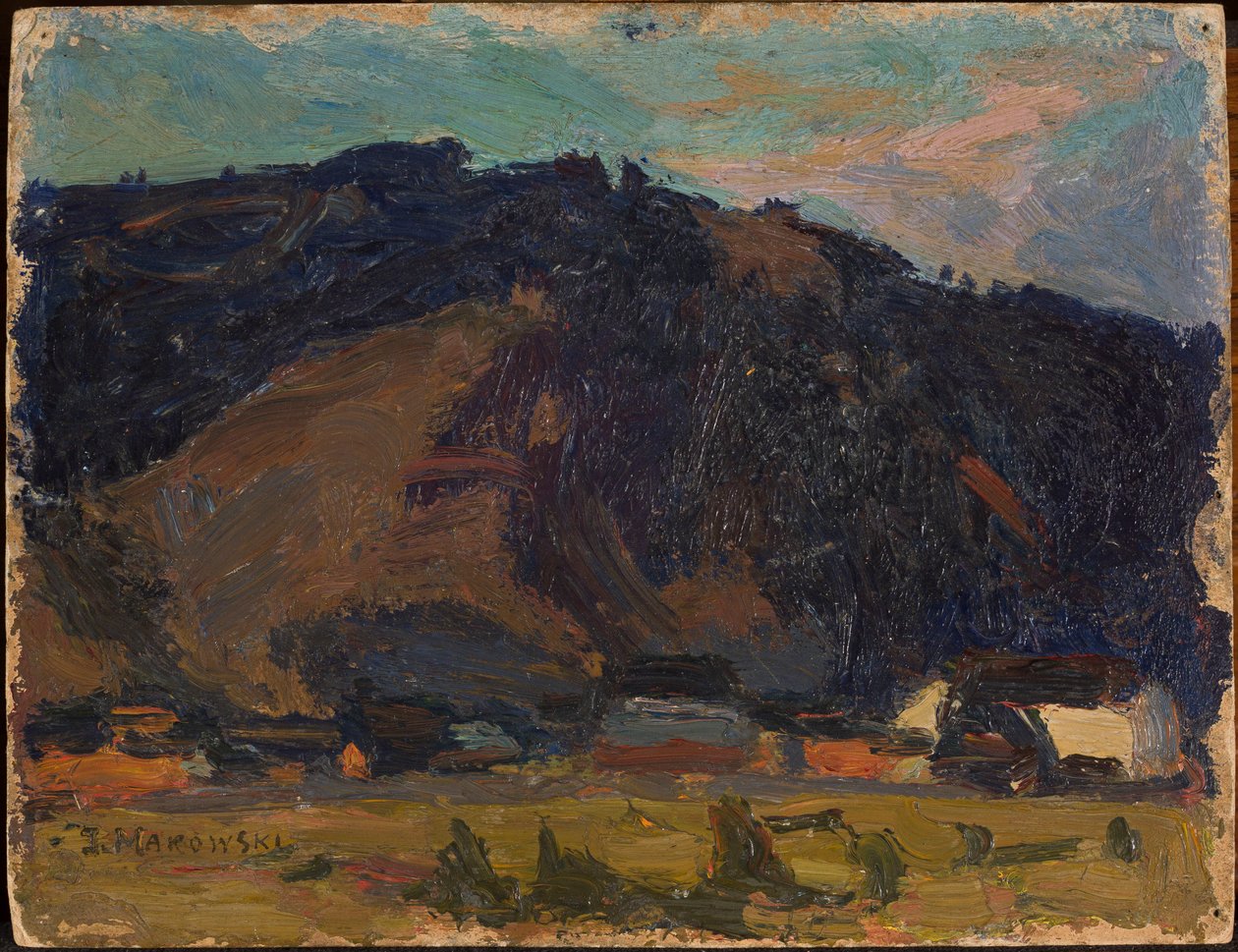 Utsikt over en landsby med et fjell i bakgrunnen av Tadeusz Makowski