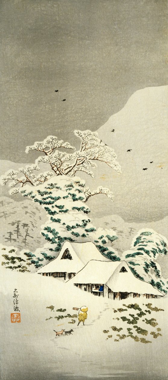 Scene i snø i Sawatari i Joshu-distriktet, rundt 1930, av Takahashi Shotei (1871-1945), o-tanzaku-formet tresnitt, 38,1 x 17,1 cm, japansk sivilisasjon, Meiji-Showa-perioden av Takahashi Shotei