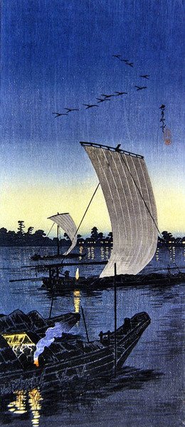 Kveldsbåter på Sekiyado (farget treblokktrykk) av Takahashi  Hiroaki
