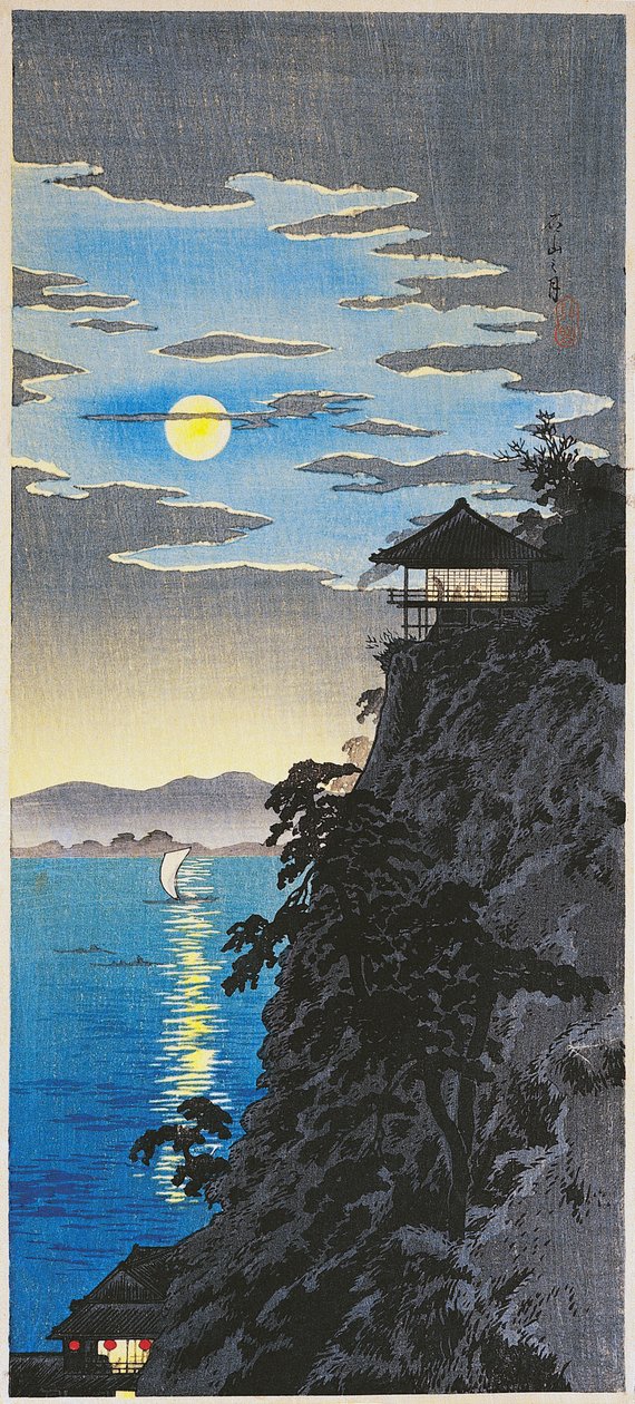 Månen ved Ishiyama ved Biw-sjøen, ca. 1936 (O-Tanzaku tresnitt) av Takahashi  Hiroaki