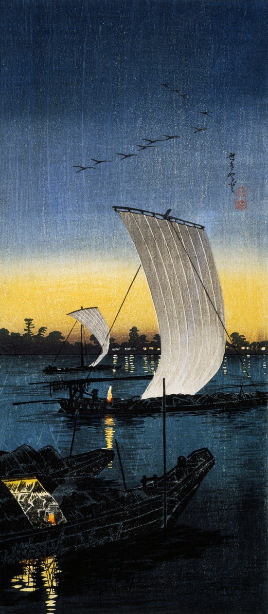 Sekiyado kveldsutsikt, ca. 1930 (O-tanzaku tresnitt) av Takahashi  Hiroaki