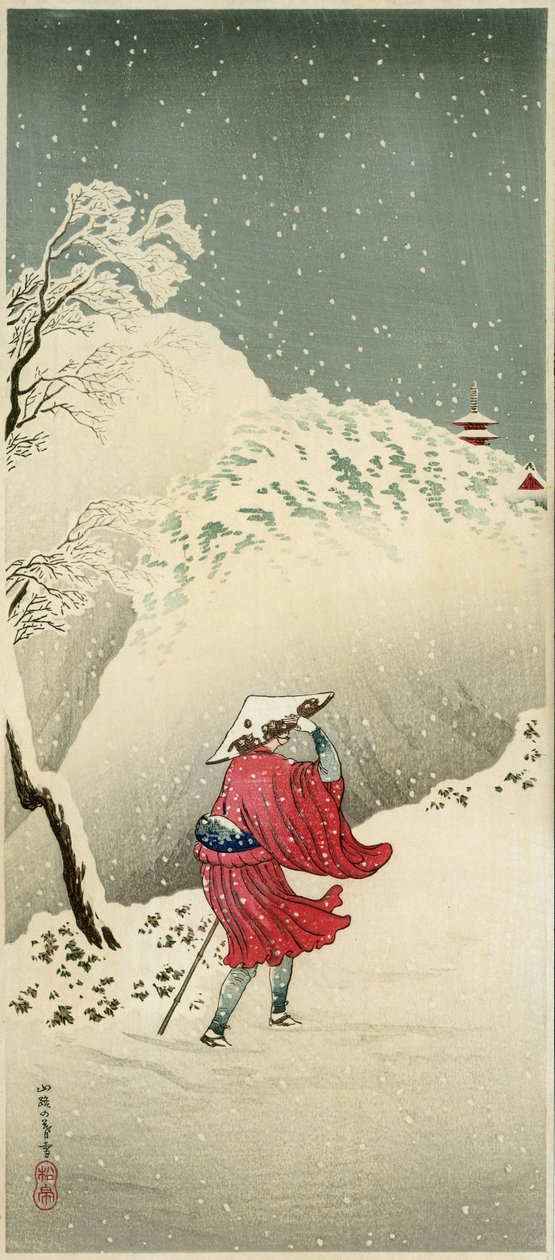 Reisende i snøen (farget treblokktrykk) av Takahashi  Hiroaki