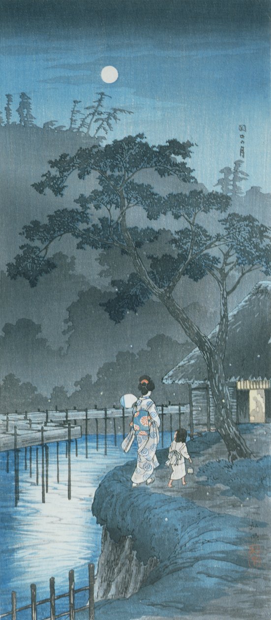 Kvinne, barn og måne (farget treblokktrykk) av Takahashi  Hiroaki