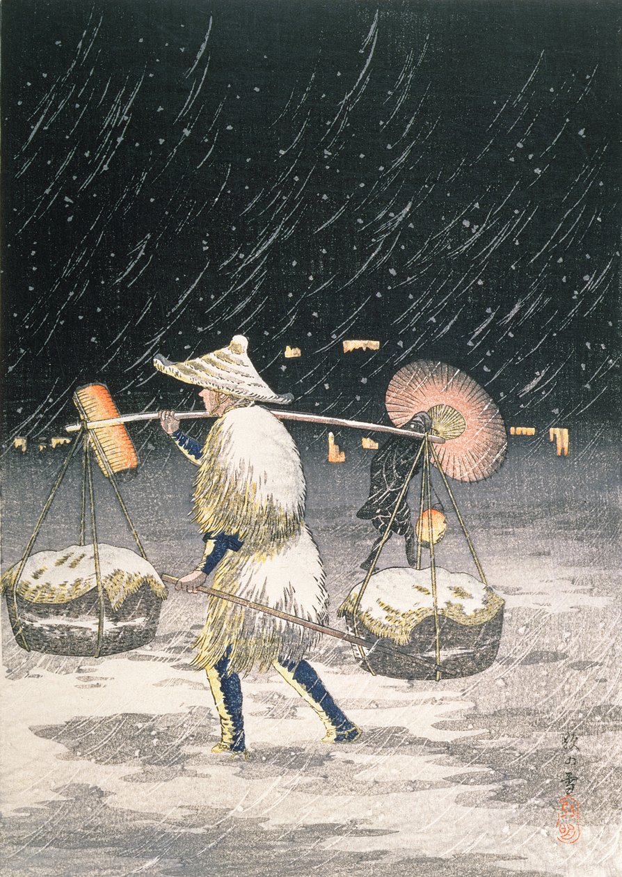 Night Snow, ca. 1930-tallet (treblokktrykk i farger) av Takahashi Hiroaki