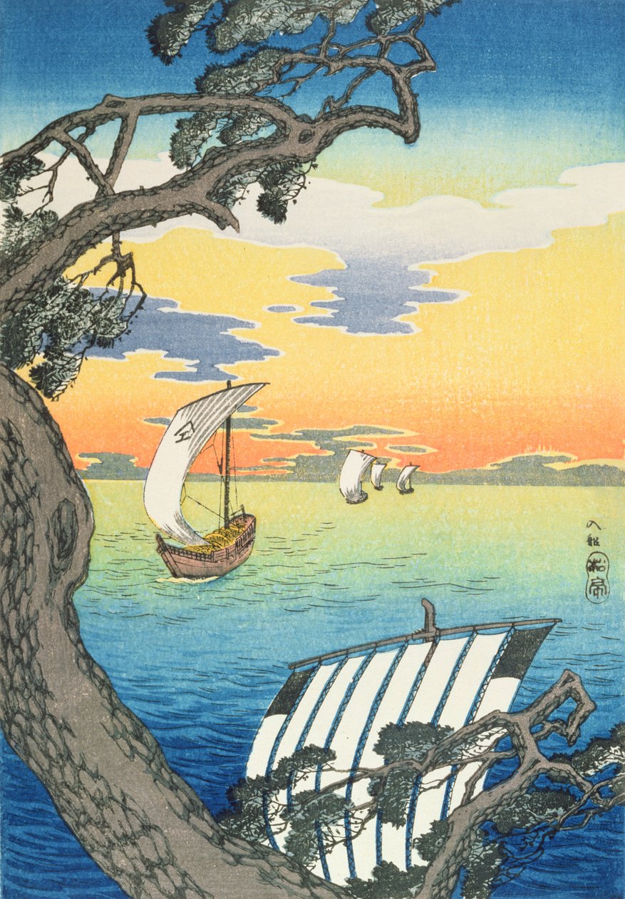 Returning Boats, ca. 1930-tallet (farget treblokktrykk) av Takahashi Hiroaki