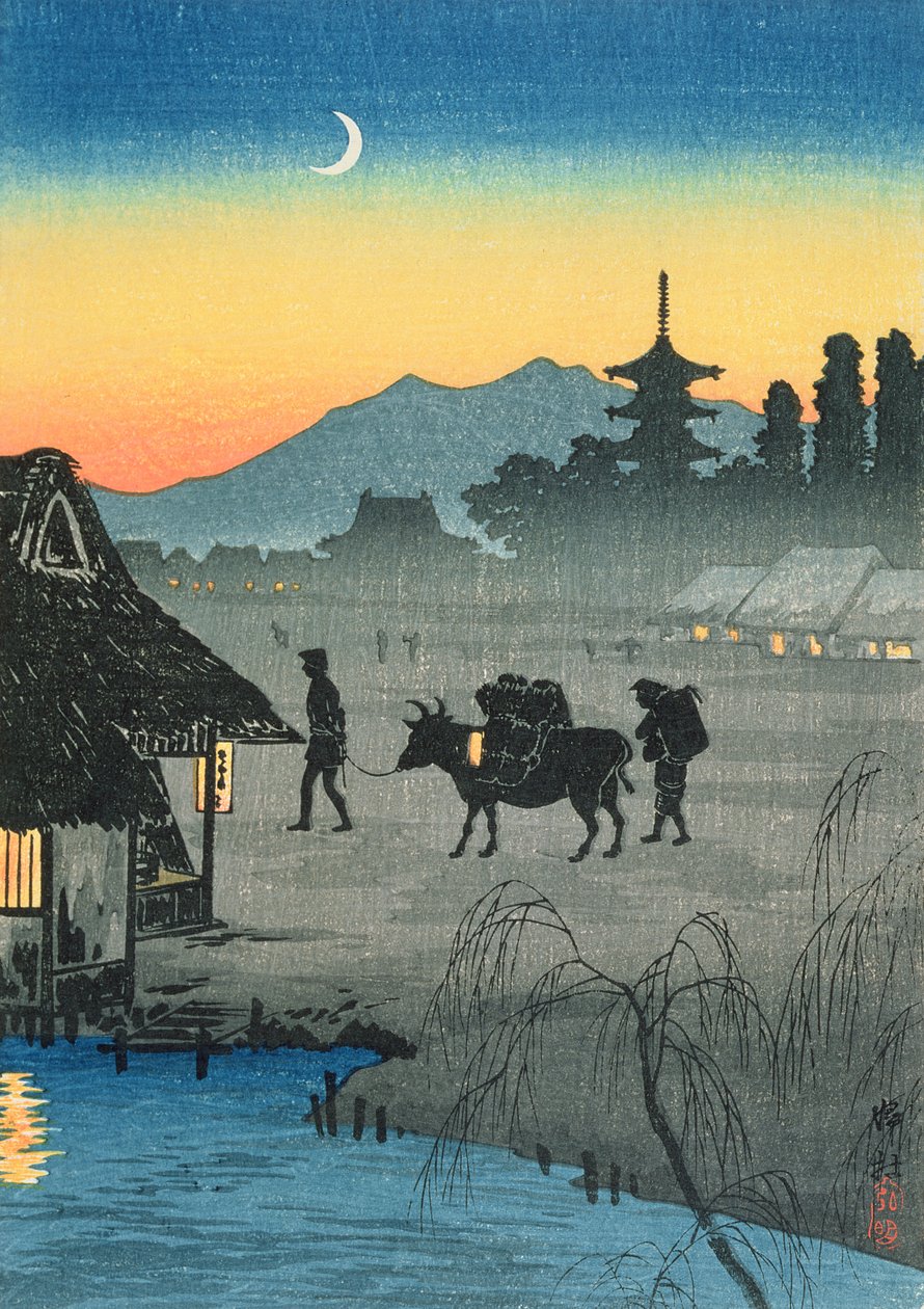 Returning to the Village, 1930-tallet (farget treblokktrykk) av Takahashi Hiroaki