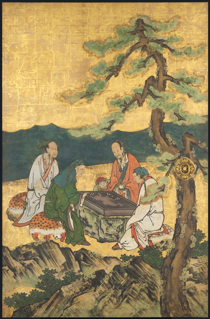A Game of Go, fra de fire Prestasjoner, begynnelsen av 1600-tallet (glideskjerm; blekk, farge og gull på papir) av Takanobu Kano