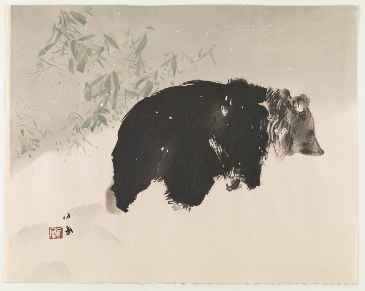 Bear In Snow, 1940 (farget treblokktrykk) av Takeuchi Seiho