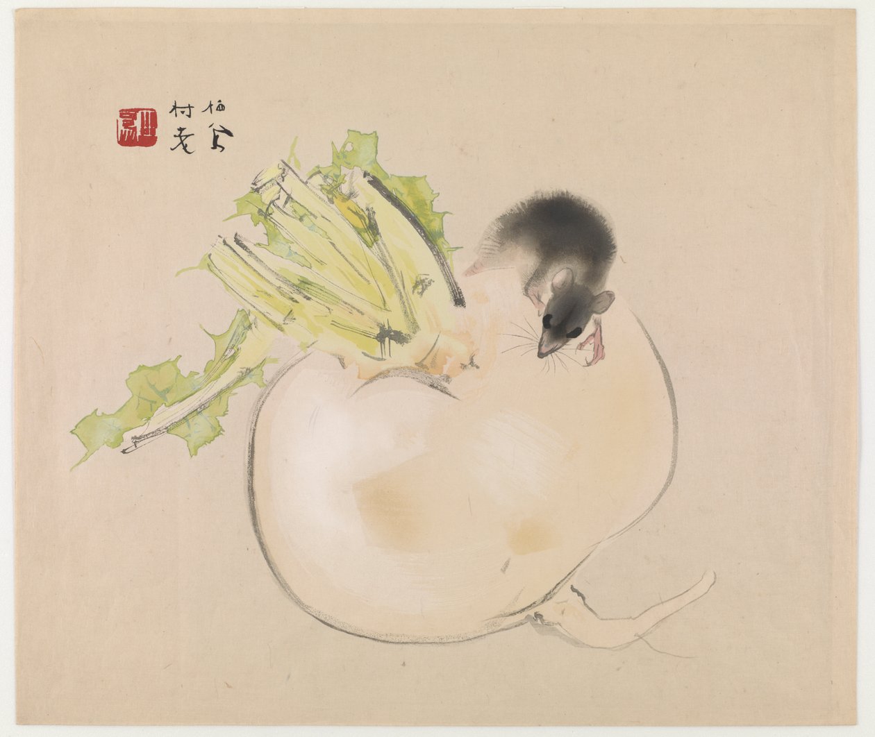 Hvit reddik (Daikon) og rotte (farget treblokktrykk) av Takeuchi Seiho