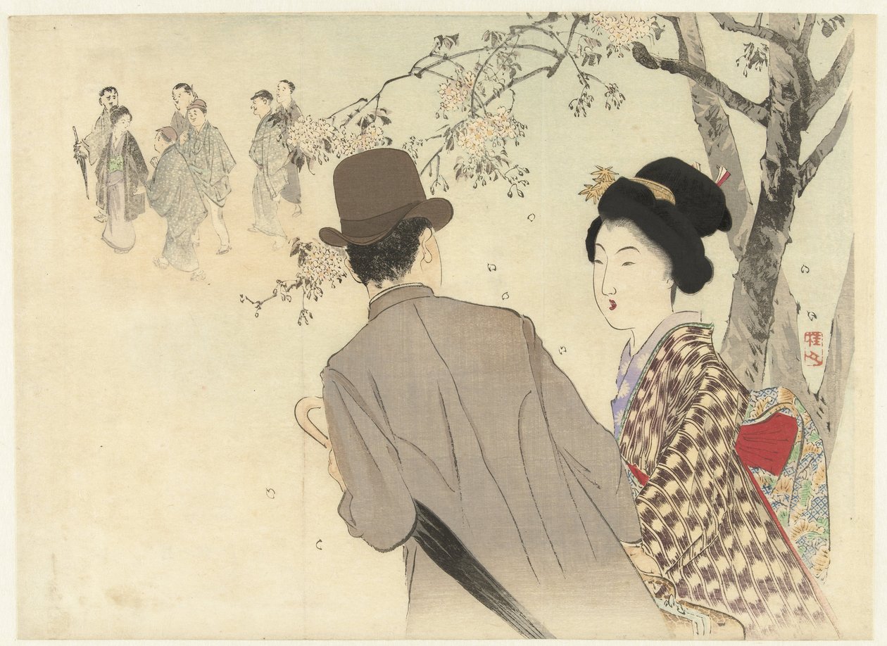 Mann med bowlerhatt og paraply og dame i kimono av Takeuchi Keishū