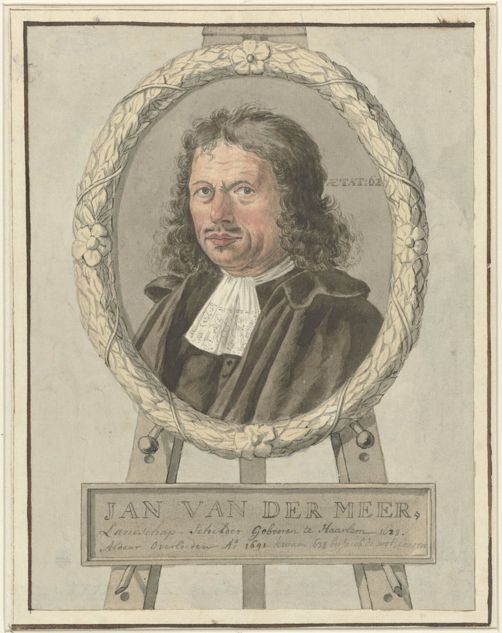 Portrett av Johannes van der Meer den eldre, i laurbærkrans på staffeli av Tako Hajo Jelgersma (possibly)
