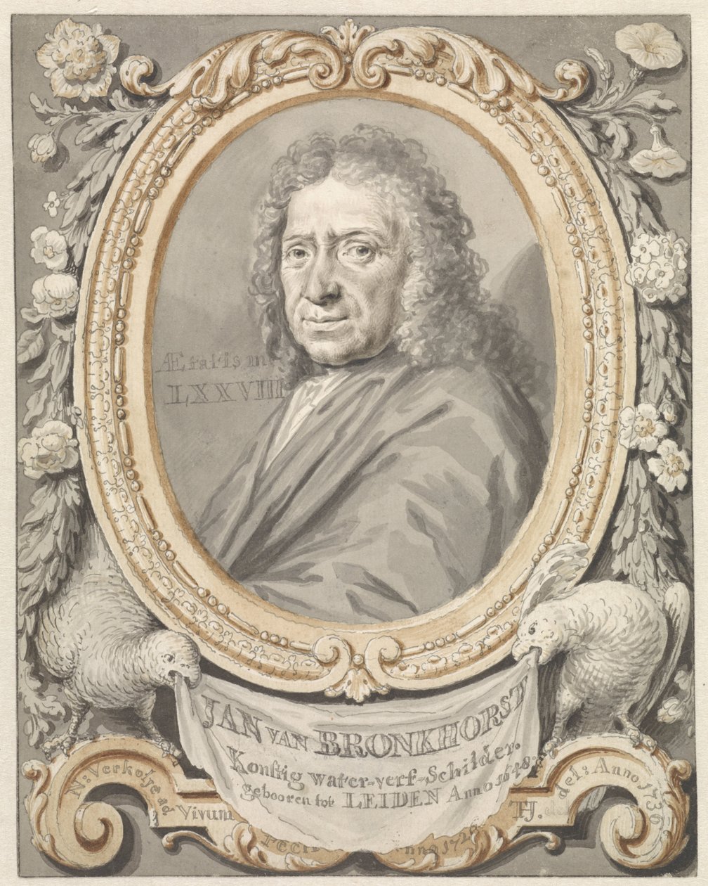 Portrett av Johannes (Jan) van Bronkhorst i en ramme med blomster og to fugler av Tako Hajo Jelgersma