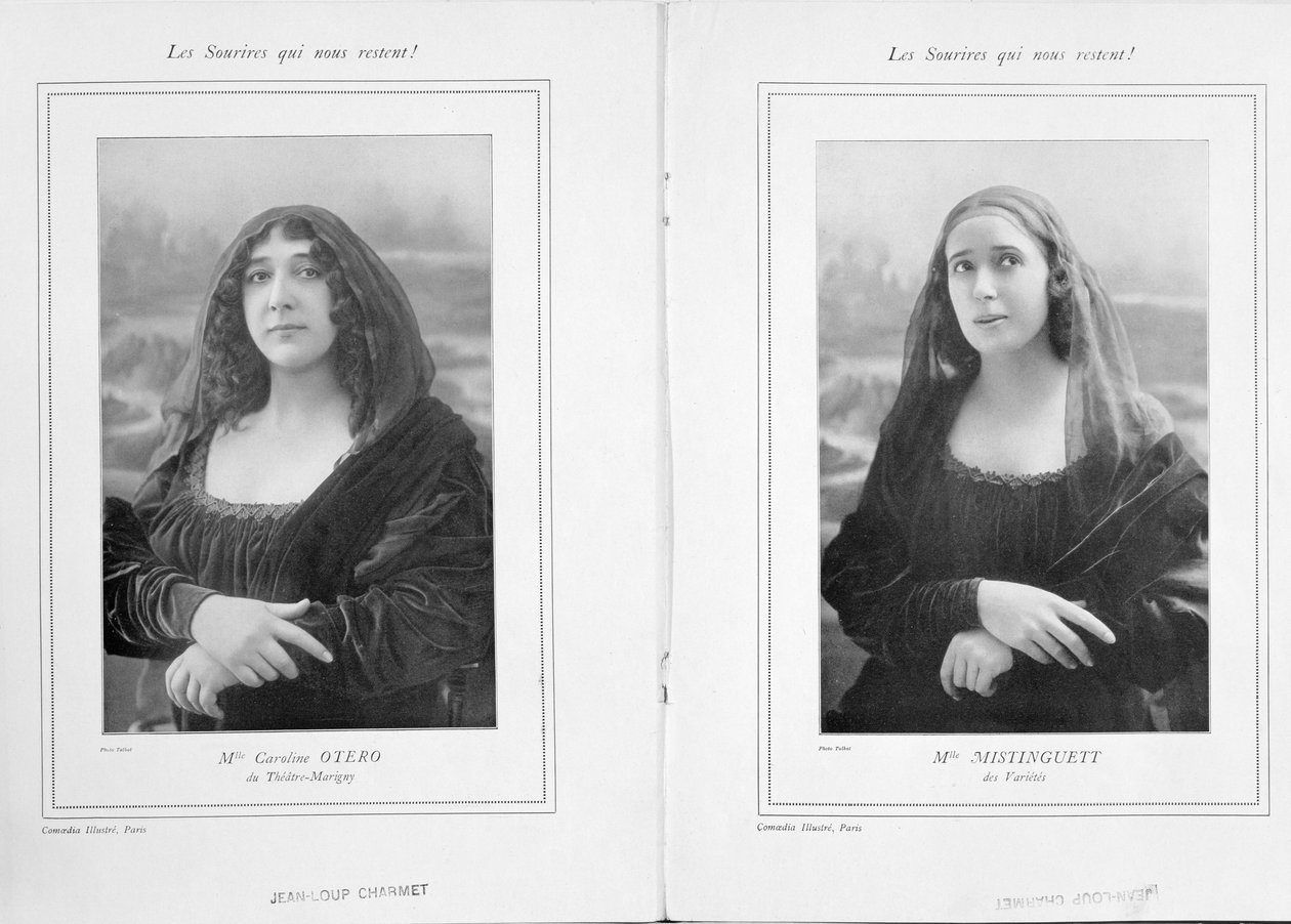 La Belle Otero og Mistinguett som Mona Lisa, fra en artikkel Les Sourires qui Nous Restent i Comoedia Illustre, 1911 (bw-foto) av Talbot