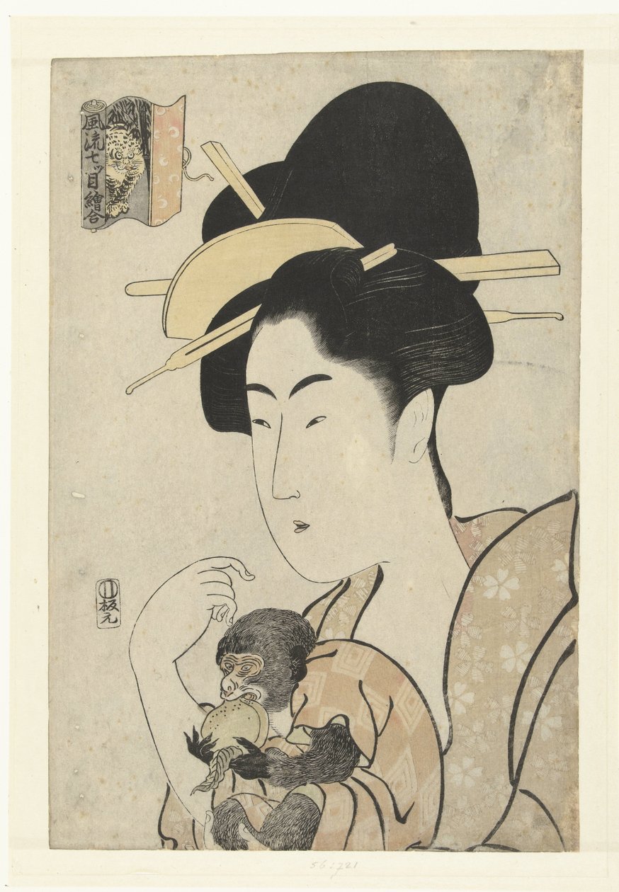 Woman with Monkey: Monkey and Tiger Elegant Print Comparisions of Seven Eyes (serietittel) Furyu nanatsume e-awase (serietittel på objekt) av Tamagawa Shucho