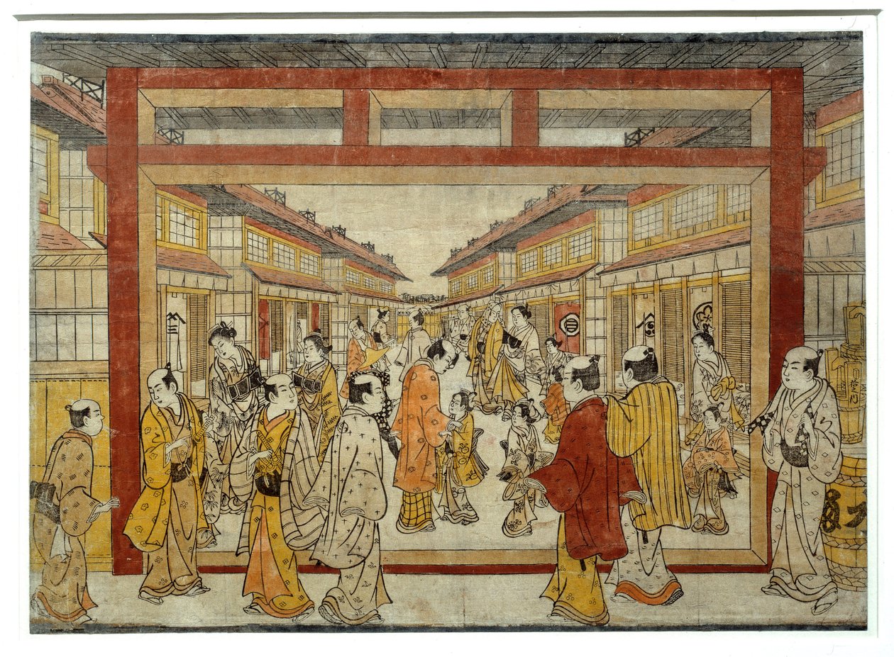 Perspektiv utsikt over Nakano-Cho. Japansk trykk av Masanobu Tanaka, aktiv mellom 1741 og 1748, Ukiyo-E-stil. Paris, Musée Guimet av Tanaka Masunobu