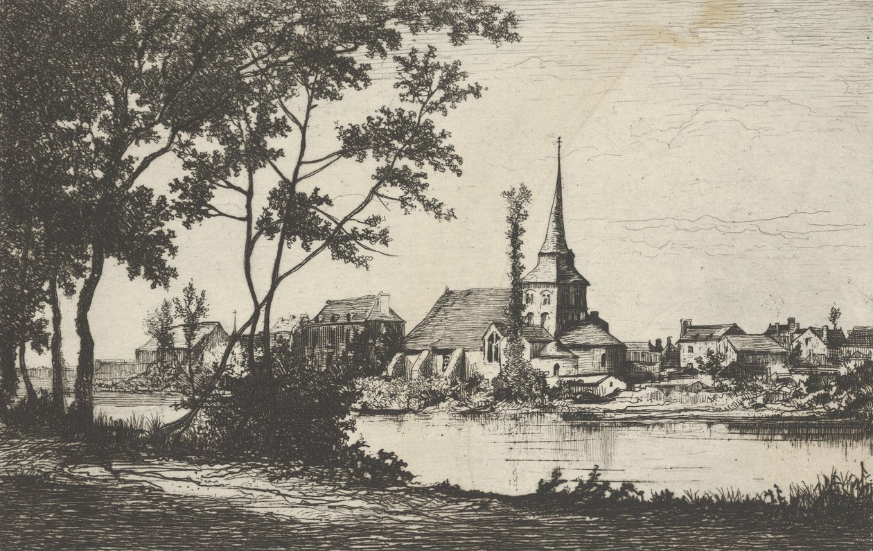 By med en kirke over en elv, 1800-tallet. av Tancrède Abraham