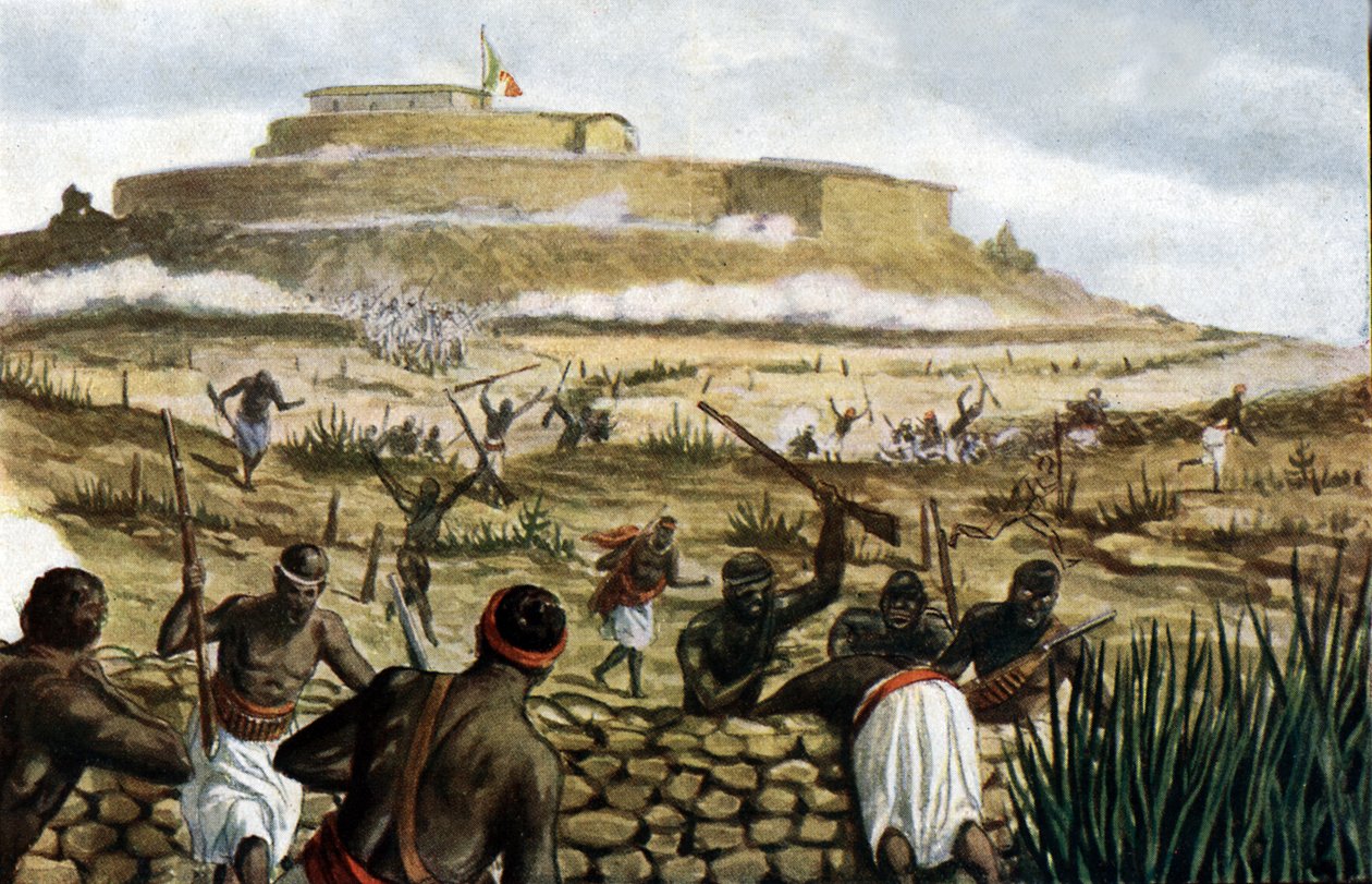 Mount Abba Gerima (Abba Garima) ved slaget ved Adwa, 1. mars 1896, illustrasjon fra Storia dItalia av Paolo Giudici, 1930 av Tancredi Scarpelli