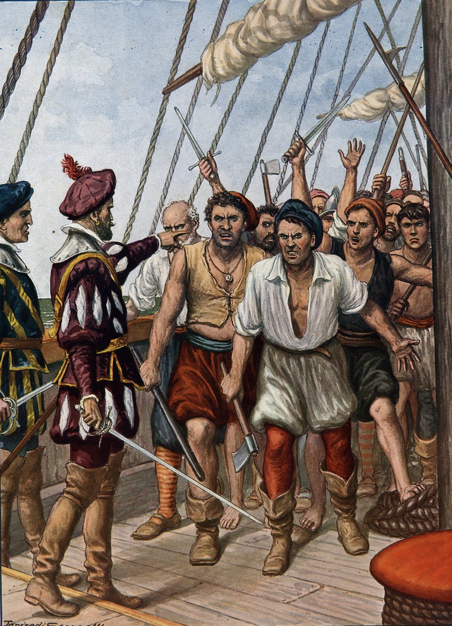 Mytteriet av mannskapet til den portugisiske Flor de La Mar, mot deres general, Afonso de Alberquerque i ca. 1511, illustrasjon fra "History of the Navigators", 1936 av Tancredi Scarpelli