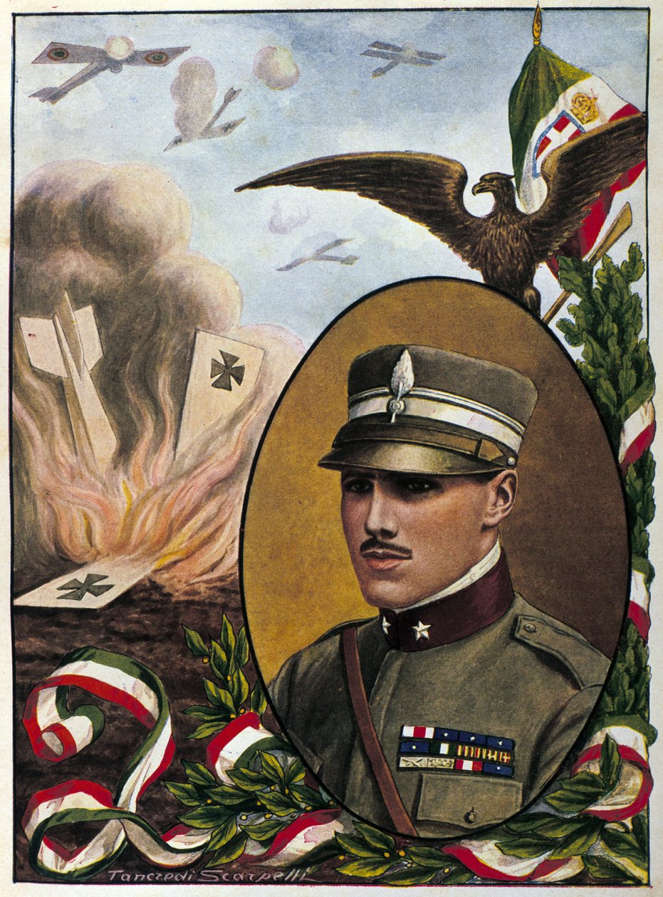 Allegori om major Francesco Baracca (1888-1918) helter fra det italienske flyvåpenet som døde i kamp i 1918. Tegning av Tancredi Scarpelli. Milanese . av Tancredi Scarpelli