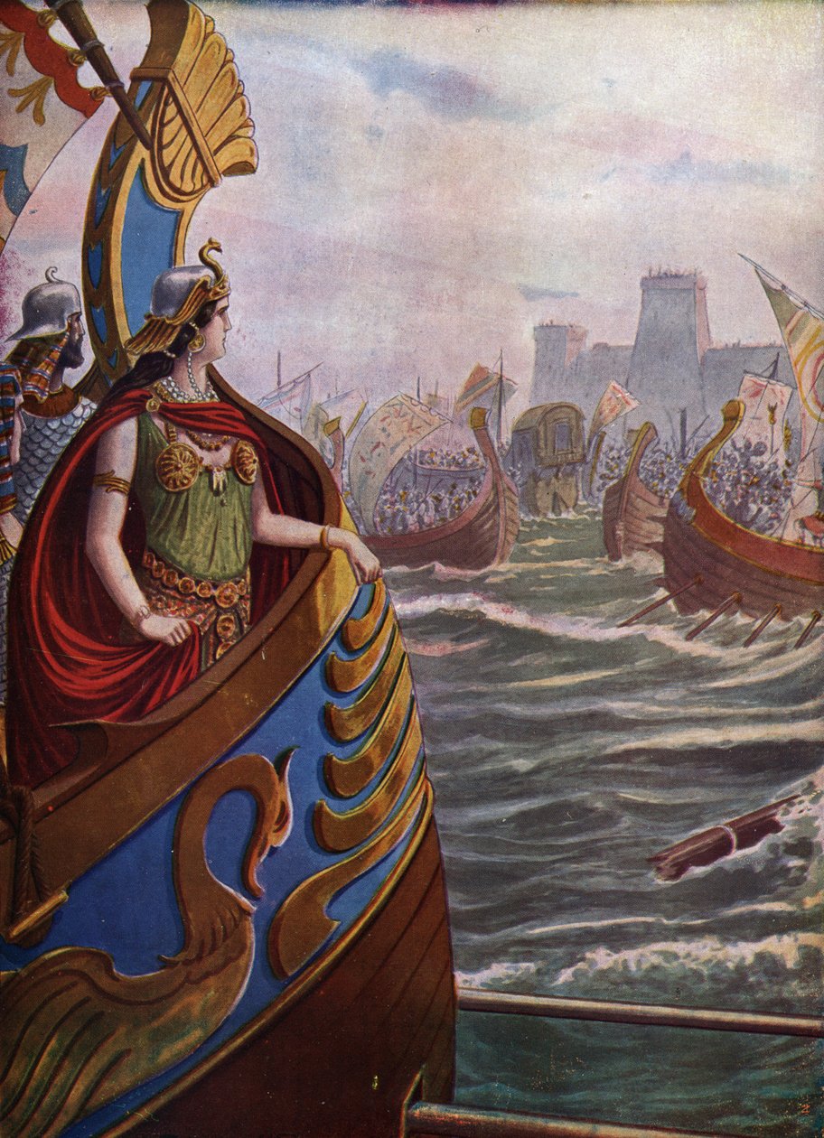 Antik romersk borgerkrig: Egyptisk dronning Cleopatra VII Thea Philopator (69-30 f.Kr.) i slaget ved Actium i Ambracic-bukten 2. september 31 f.Kr. mot Octave of Actiums flåte, av Tancredi Scarpelli