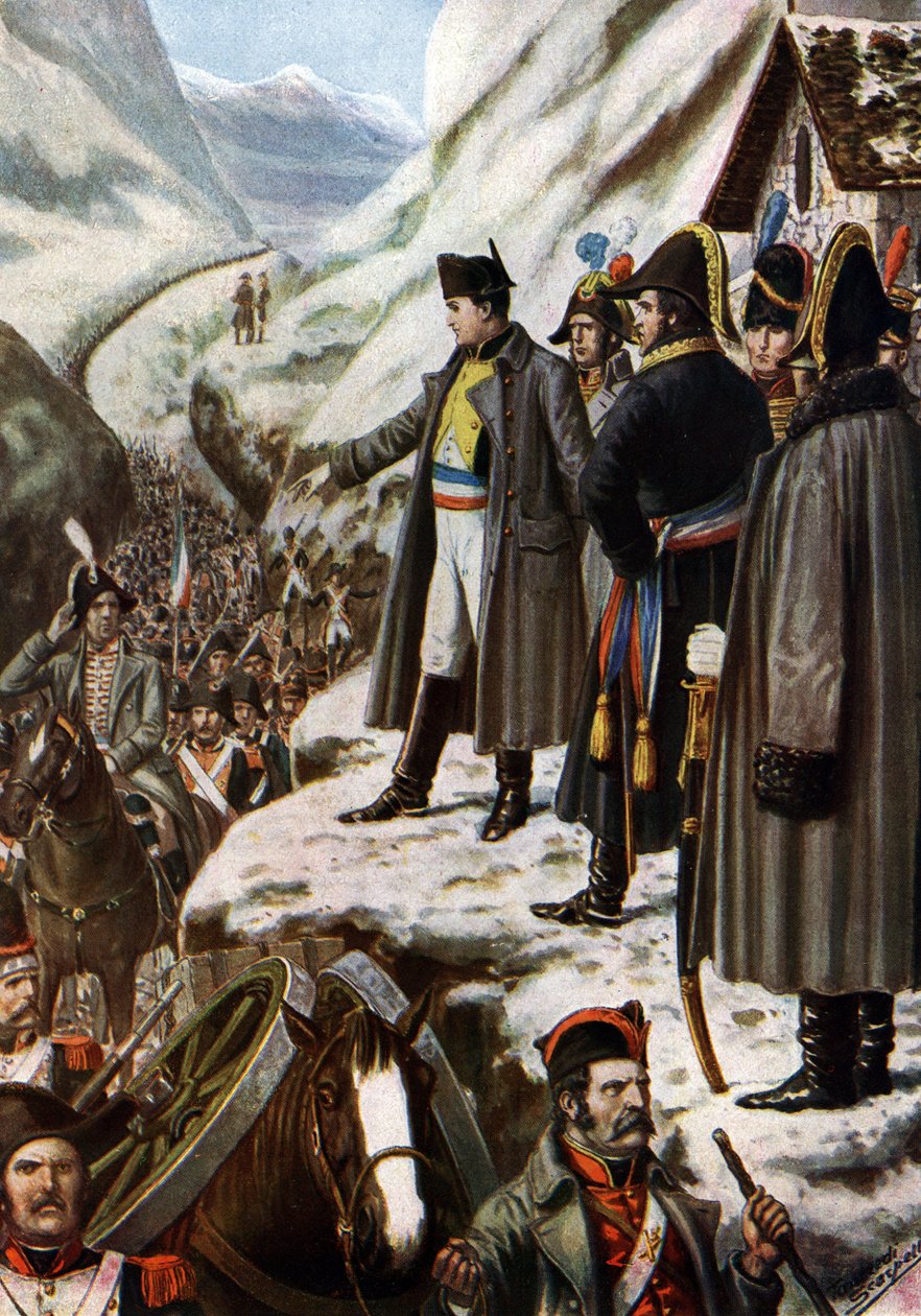 Italias kampanje: "Den franske hæren til Napoleon Bonaparte (1769-1821) under passasjen av Grand Saint Bernard (Grand Saint Bernard), 20. mai av Tancredi Scarpelli