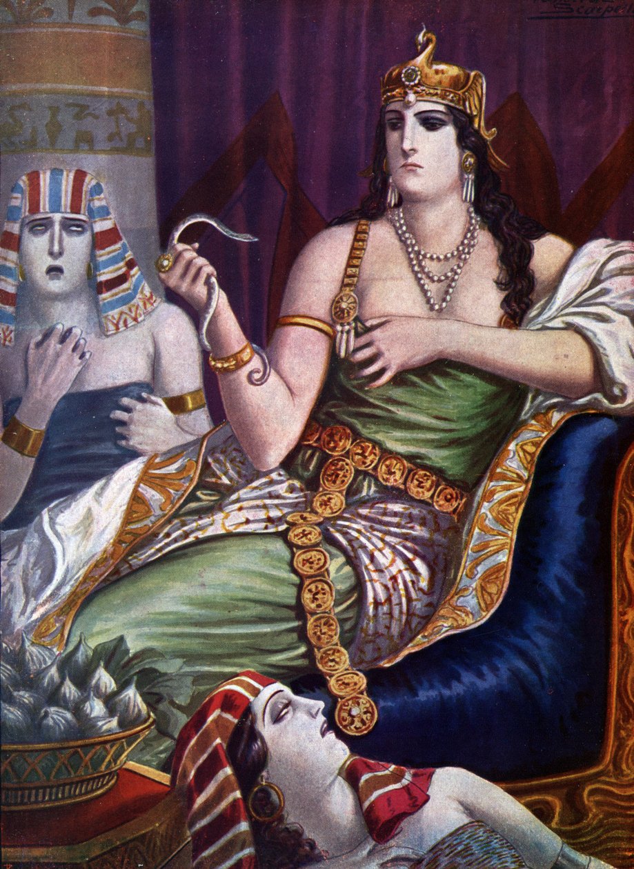 Egyptian Antiquite: "" The Death of Cleopatra"" Dronningen av Egypt Cleopatra VII Thea Philopator (69-30 f.Kr.) selvmord ved å bli bitt av to aspiciske slanger (Suicide of Egypt Cleopatra) Illustrasjon av Tancredi Scarpelli (1866-1937) fra " " Storia d