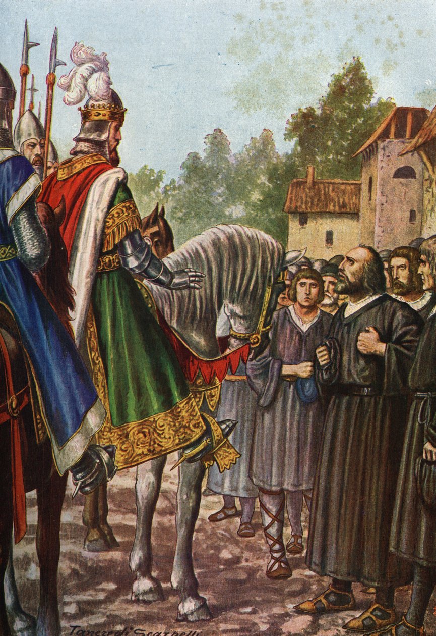 Keiser Frederic I Barberossa (1122-1190) på sin andre tur til Italia i 1158 passerer elven Adda og møter folket i Lodi som ber ham om å få territoriet tilbake. Tancredi Scarpelli (1866-1937) fra «Storia d