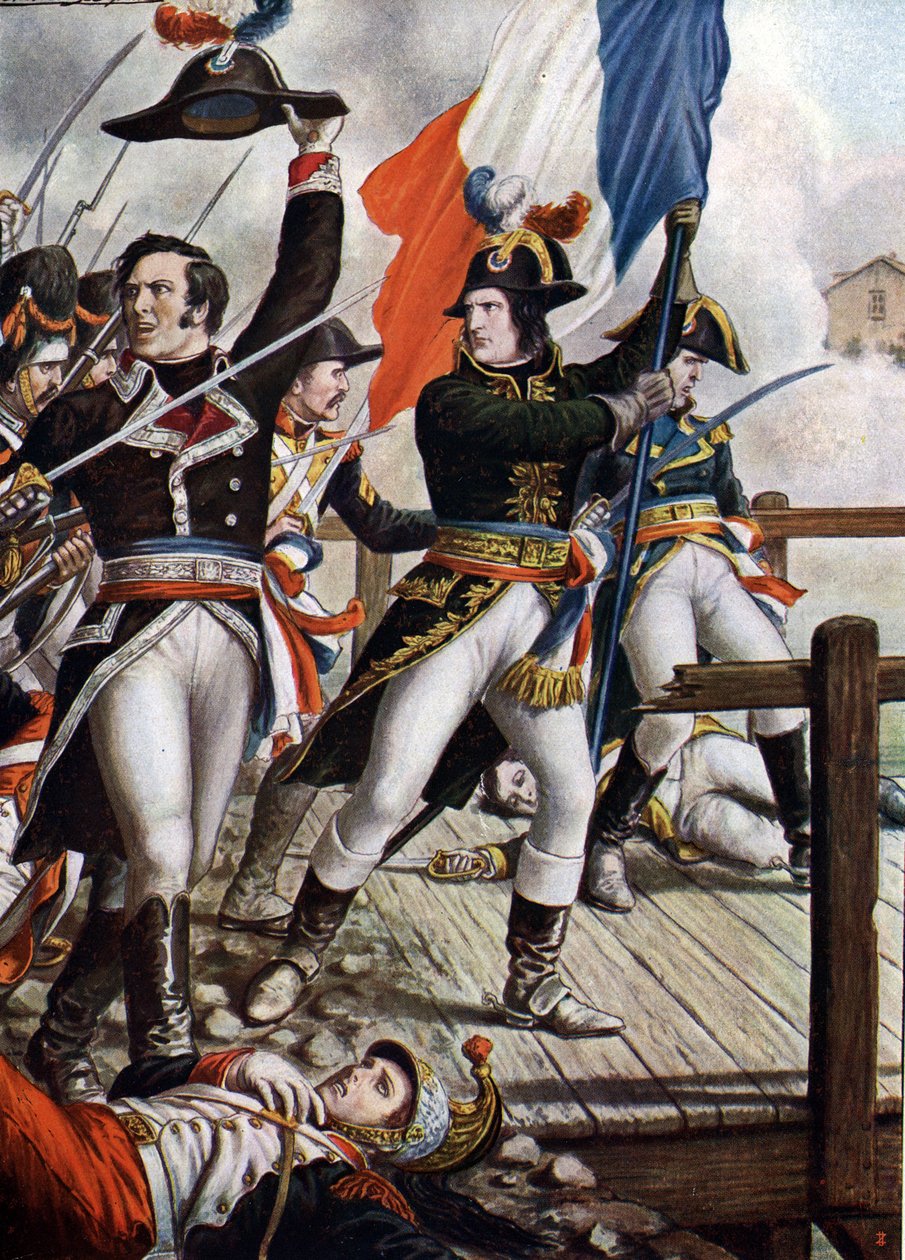 Første italienske kampanje: Napoleon Bonaparte (1769-1821) i slaget ved Bridge of Arcole, november 1796" (Napoleon Bonaparte under slaget ved broen av Arcole (Arcola), november 1796) Illustrasjon av Tancredi Scarpelli (1866-1937) fra «Storia av Tancredi Scarpelli