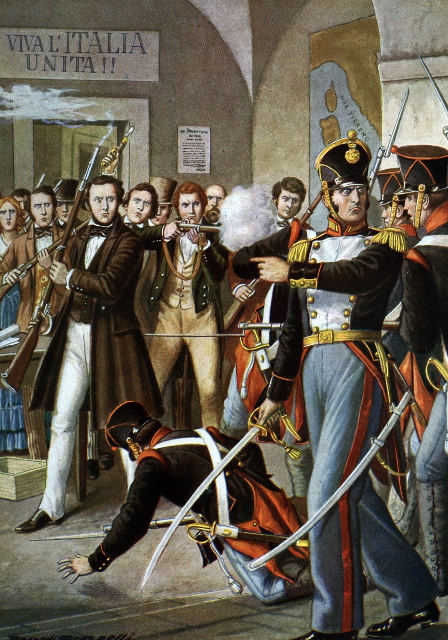Opprørsbevegelser av 1830: Arresteringen av Ciro Menotti (1798-1831) italiensk patriotmedlem av Carbonari-bevegelsen (Carboneria, Coalwork) a Modene, i 1830, Italia” (Overgrep på huset til Ciro Menotti under opprøret i Modena, Italia 1830) Illustrasjon av Tancredi Scarpelli