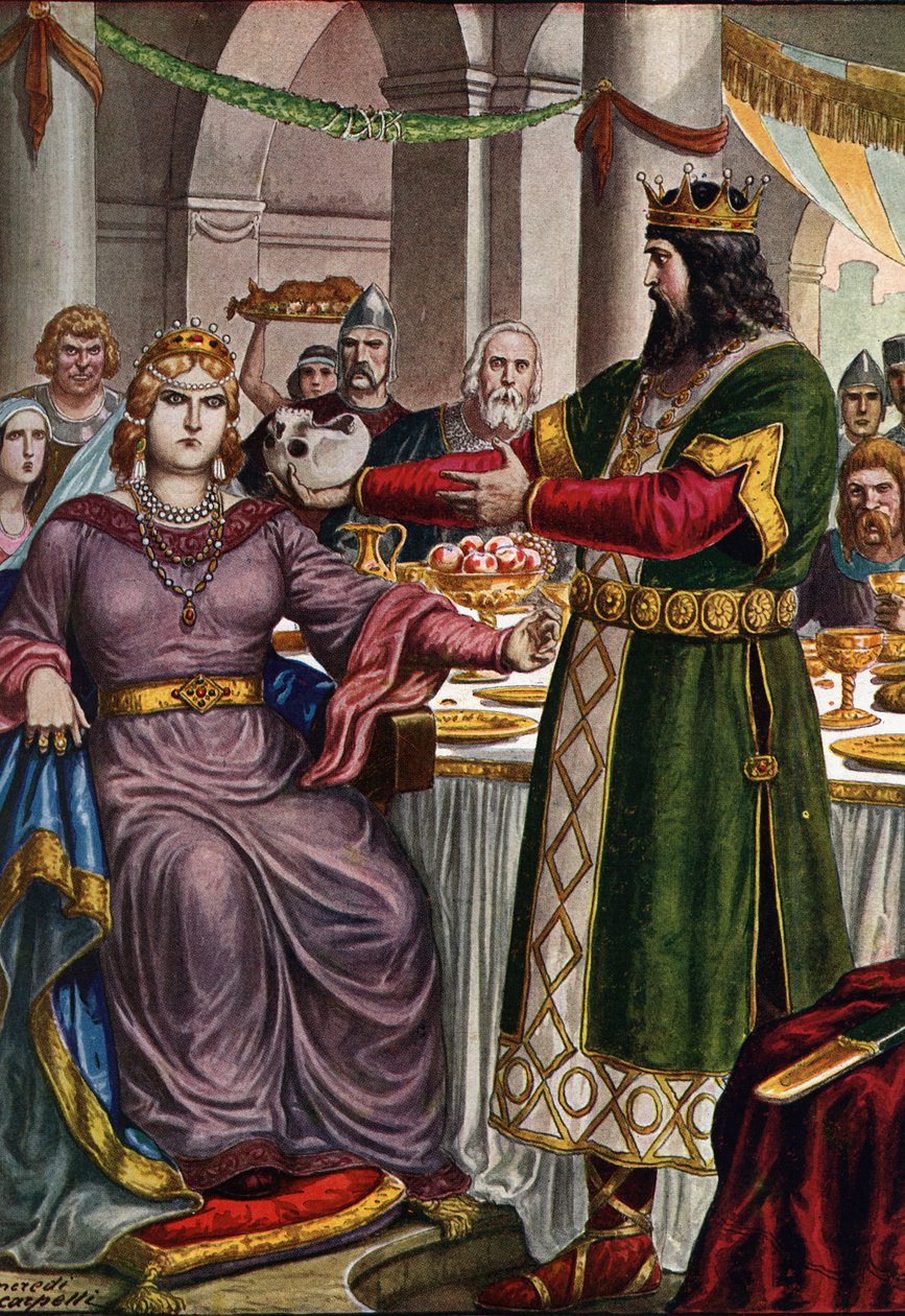 Lombard-kongen Alboin (ca. 526-572) tvinger sin kone, den gepide prinsessen Rosemonde (død 572) til å drikke fra en kopp formet av farens hodeskalle Cunimond ved en bankett i Verona, Italia (Rosamund (eller Rosamunde) og hennes ektemann Alboin, kongen av l av Tancredi Scarpelli