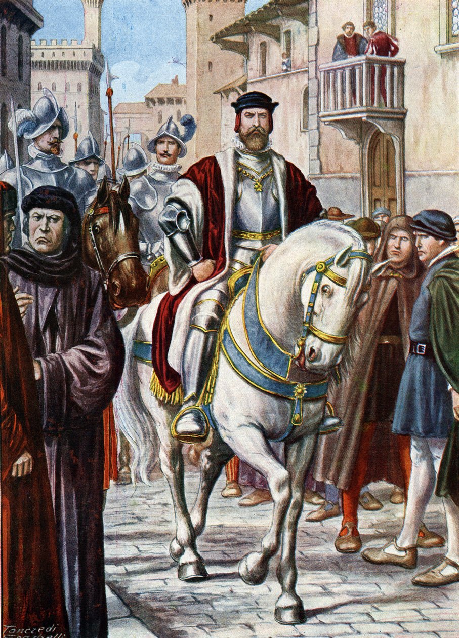 Portrett av Cosimo (Come) I av Toscana (Cosimo de Medici) (1519-1574), sirkulert gjennom gatene i Firenze, omringet medlemmer av hans milits sammensatt av spanske og tyske soldater (Portrett av Cosimo I de Medici, storhertug av Toscana , beskyttet av Tancredi Scarpelli