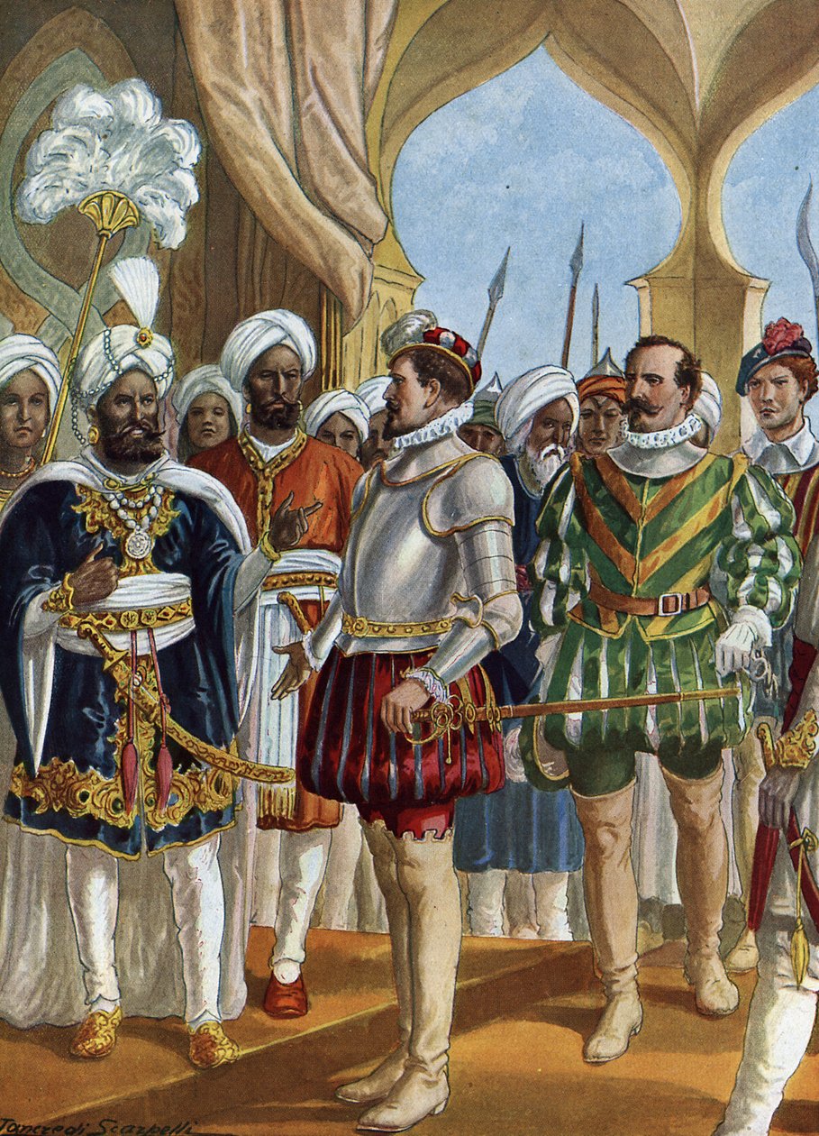 Den portugisiske navigatøren Pedro Alvares Cabral (1460-1526) ved hoffet til kongen (Zamorin) av Calicut (Kozhikode) 13.09.1500 for å forhandle om etableringen av en skranke, India (den portugisiske navigatøren Pedro Alvares Cabral forhandlet med Zamorin)  av Tancredi Scarpelli