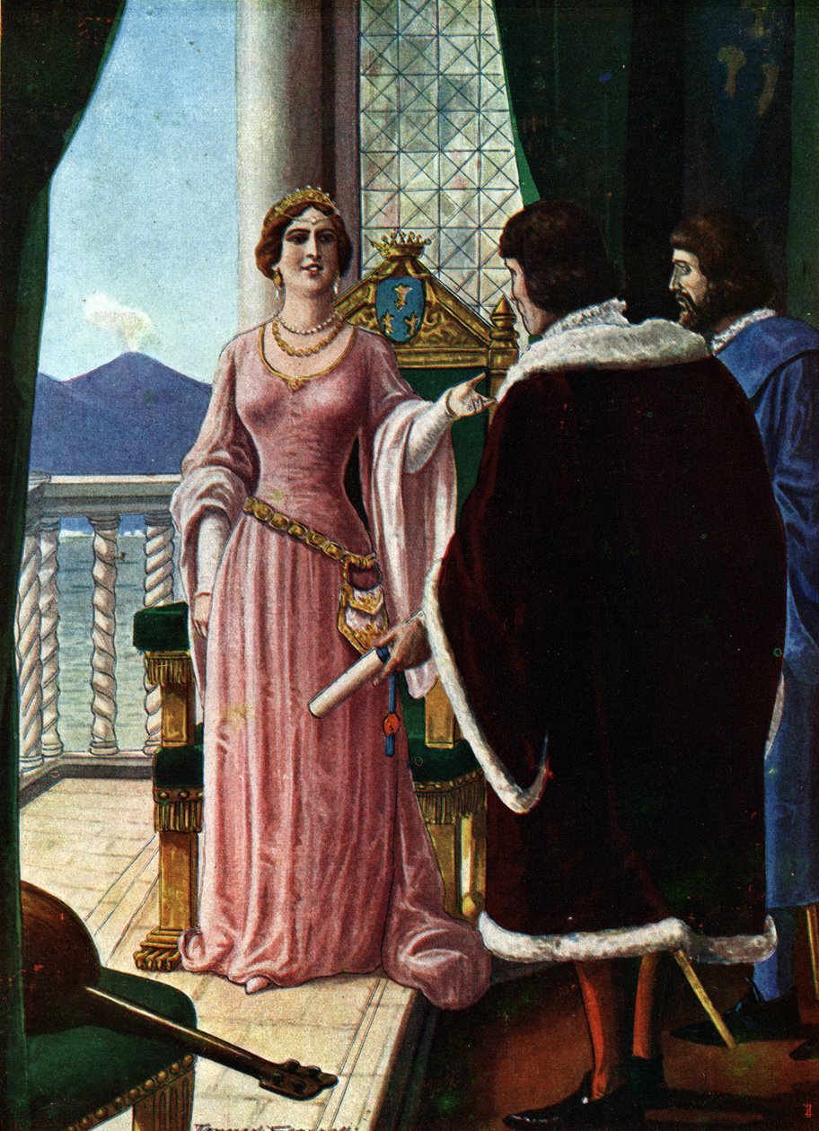 Dronning Joanna II av Napoli (Giovanna di Napoli eller Anjou Durazzo) (1373-1435) utpeker sin adoptivsønn Louis III av Anjou (1403-1434) Illustrasjon av Tancredi Scarpelli (1866-1937) fra "" Sto av Tancredi Scarpelli