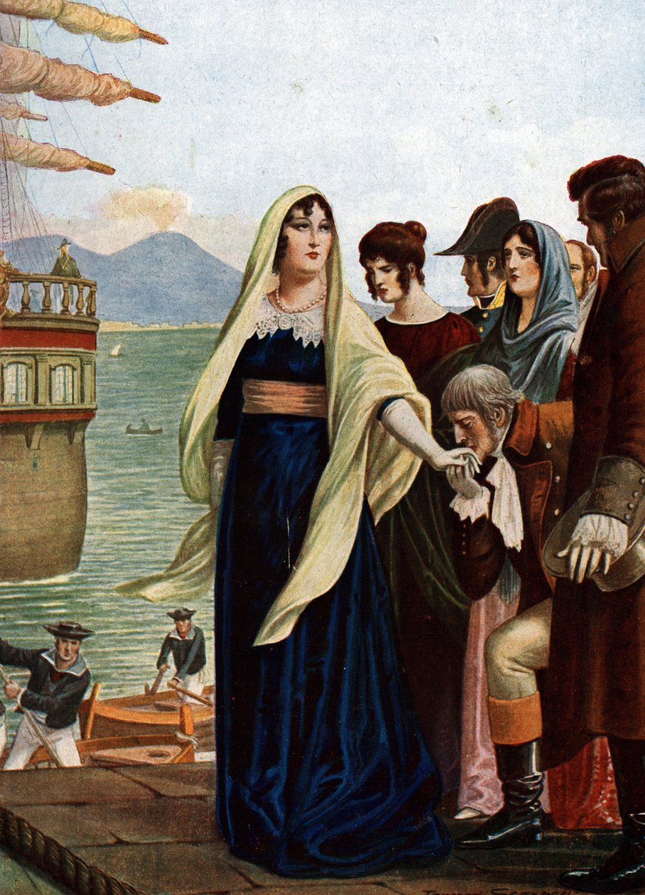Dronning av Napoli Marie Caroline (Maria Carolina) av Østerrike (1752-1814 på flukt fra Napoli for å søke tilflukt på Sicilia på tidspunktet for den franske okkupasjonen av Tancredi Scarpelli