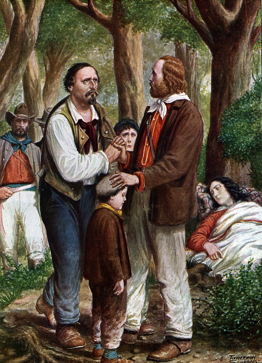 Risorgimento: Giuseppe Garibaldi italiensk patriot (1807-1882) tar farvel med Angelo Brunetti dit Ciceruacchio a la mort d
