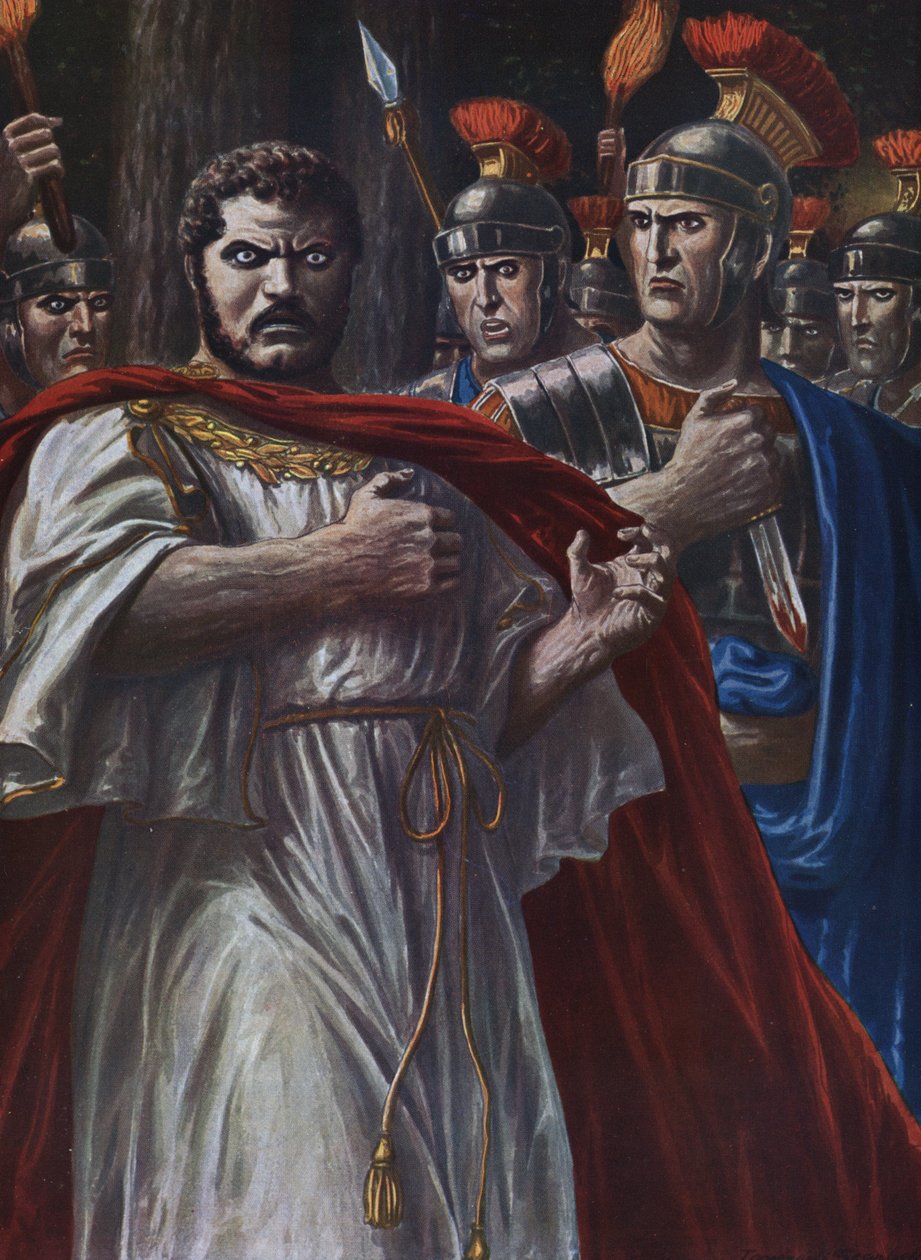 Romersk antikken: "" døden til den romerske keiseren Caracalla, myrdet nær Harran den 8. april 217, med et sverd, av Martialis, en av offiserene for hans nære vakt"" (Attentatet på Caracalla, romersk keiser, av Julius Martialis, 217) Illustra av Tancredi Scarpelli