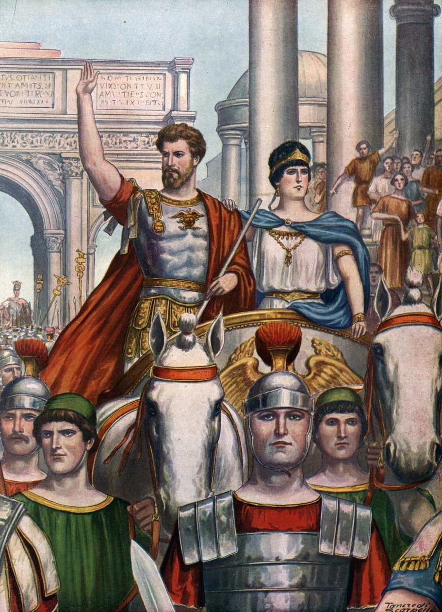 Romersk antikvitet: Keiser Septimius Severus (145-211) vender tilbake til Roma med sin kone Julia Domna (170-217) i 193 e.Kr.» (romersk keiser Septimius Severus og hans kone Julia Domna på vei inn i Roma av Tancredi Scarpelli